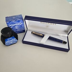 VTG Waterman Paris Expert II Blue Marble Fountain Pen W Box & Glass Ink Well